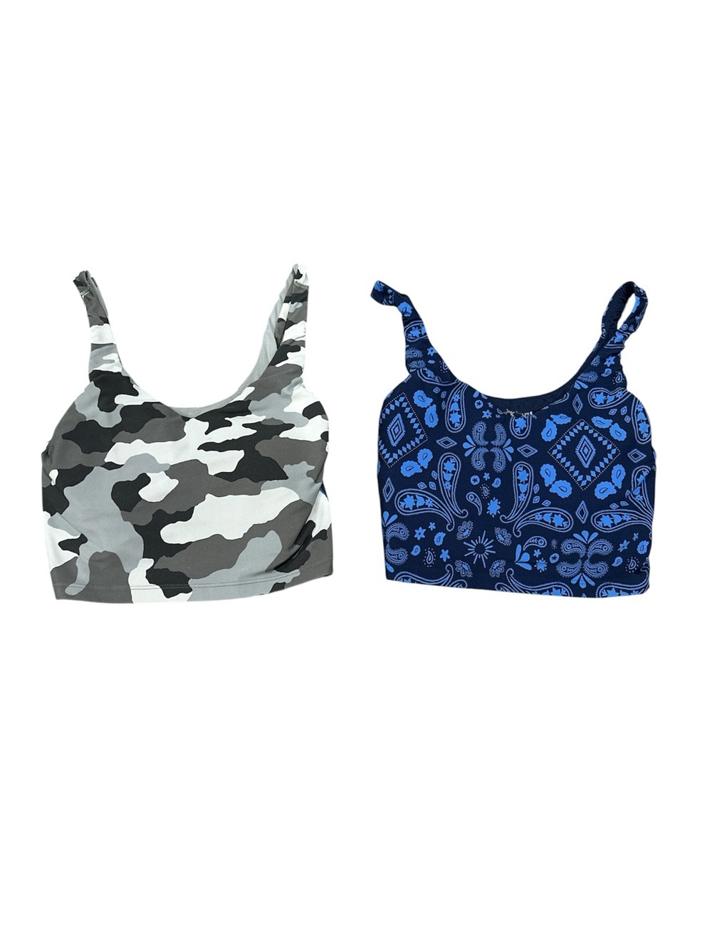 Cropped Bralette Duo — Gray Camo + Navy Bandana Print Small